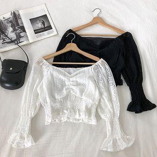 Plain Eyelet-lace Flare-sleeve Blouse