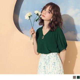 Square Buckled Short-sleeve V-neck Chiffon Top