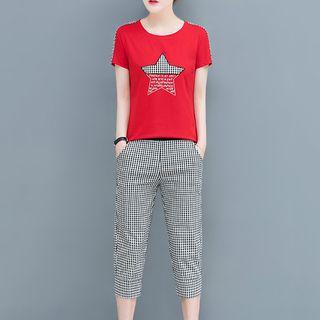 Set: Short-sleeve Star Print T-shirt + Plaid Harem Pants