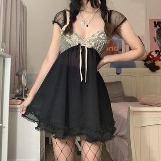 Mesh Sleeve Lace Paneled A-line Dress