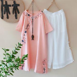 Elbow-sleeve Embroidered Floral Frog Buttoned A-line Midi Dress / Wide-leg Pants