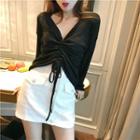 Long-sleeve Front Tie Ribbed Top