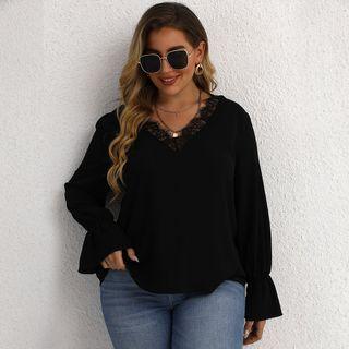 Plus Size Long-sleeve V-neck Lace Trim Top