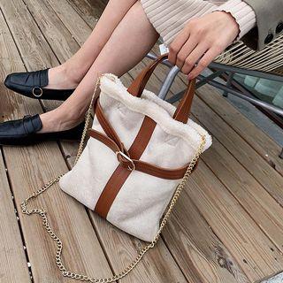 Faux Shearling Buckled Tote Bag