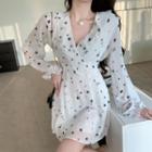 Long-sleeve V-neck Star Print Mini A-line Dress White - One Size