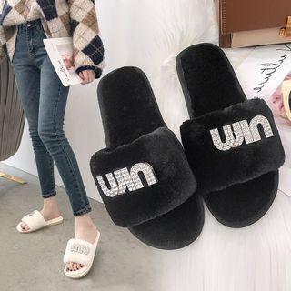 Embellished Lettering Chenille Slide Sandals