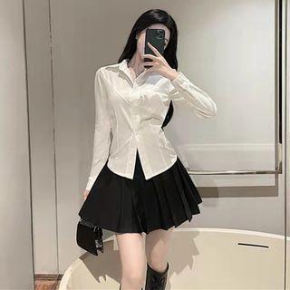 Set: Plain Shirt + High Waist Mini Pleated Skirt