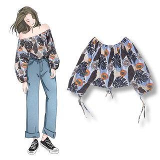 Off-shoulder Leaf Print Chiffon Blouse