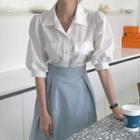 Puff-sleeve Plain Blouse / High-waist Midi A-line Skirt