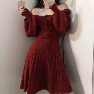 Long-sleeve Knit Mini A-line Dress Red - One Size
