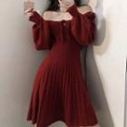 Long-sleeve Knit Mini A-line Dress Red - One Size