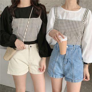 Set : Puff-sleeve Shirt + Plaid Camisole Top