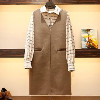 Set: Long-sleeve Plaid Shirt + V-neck Pinafore Dress