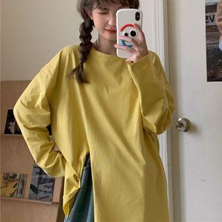 Slit Long Sleeve Plain T-shirt