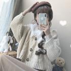 Lace Trim Long-sleeve Top / Cable-knit Cardigan