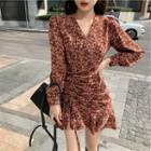 Long-sleeve Floral Print Drawstring Mini A-line Dress