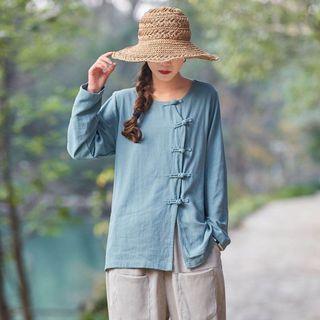 Frog-buttoned Long-sleeve Linen Top