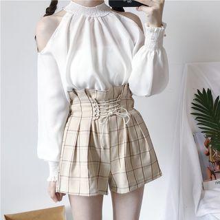 Cold-shoulder Chiffon Top / Plaid Lace-up Shorts