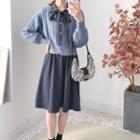 Set: Cropped Cardigan + Long-sleeve Collared A-line Dress
