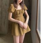 Puff-sleeve Ruched Square-neck Romper