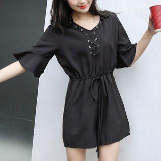 Drawstring Waist Elbow-sleeve Playsuit