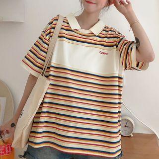Short-sleeve Paneled Striped Polo Shirt