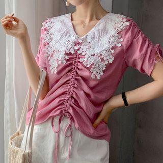 Lace Collar Drawstring Ruched Short-sleeve Top