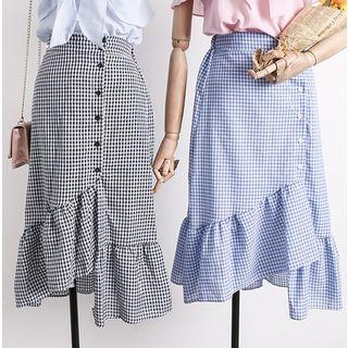 Ruffled-trim Plaid Midi Skirt