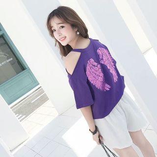 Wing Sequined Cut Out Shoulder Elbow Sleeve T-shirt