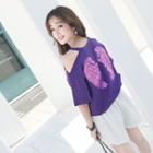Wing Sequined Cut Out Shoulder Elbow Sleeve T-shirt