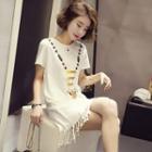 Short-sleeve Printed Fringed Hem Dress
