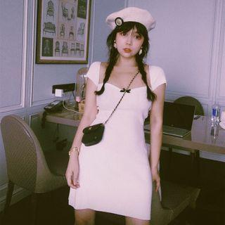 Short-sleeve Square-neck Mini A-line Knit Dress White - One Size