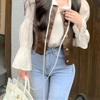 Long-sleeve Tie-neck Blouse / Faux Leather Button Vest
