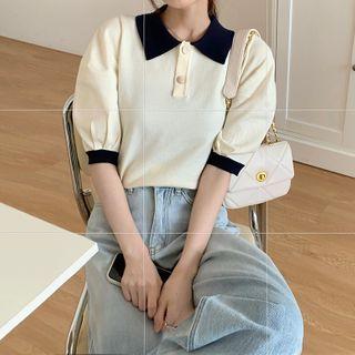 Contrast Trim Collared Short-sleeve T-shirt / Mini Pleated Skirt