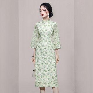 3/4-sleeve Floral Print Lace Trim A-line Dress