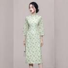 3/4-sleeve Floral Print Lace Trim A-line Dress