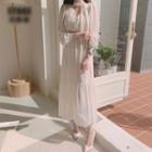 Log-sleeve V-neck Dotted Midi A-line Dress