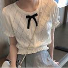Bow-front Argyle Short-sleeve Knit Top White - One Size