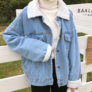 Faux Shearling Trim Buttoned Denim Jacket Blue - One Size
