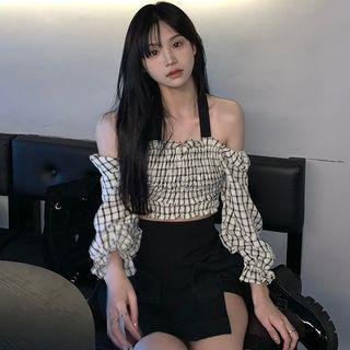 Off-shoulder Halter-neck Plaid Crop Top / Asymmetrical Mini Skirt