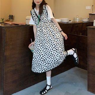 Short-sleeve Plain T-shirt / Sleeveless Heart Print Dress