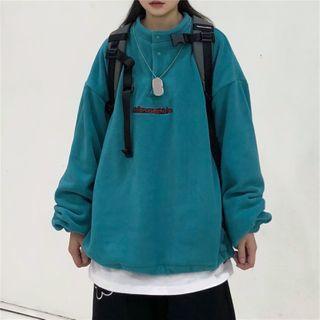 Letter Embroidered Mock Neck Fleece Hoodie