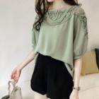 Elbow-sleeve Perforated Chiffon Top