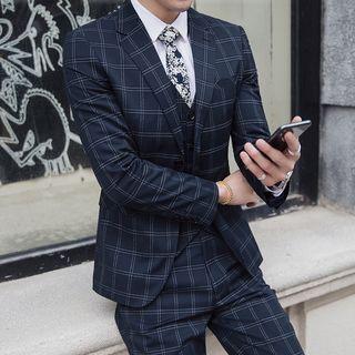 Suit Set: Plaid Button Blazer + Vest + Slim-fit Dress Pants