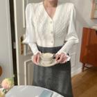 Smocked Chiffon-sleeve Cable-knit Cardigan