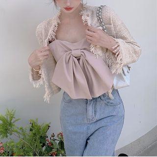 Spaghetti Strap Bow Accent Chiffon Crop Top / Collarless Button-up Tassel Tweed Jacket