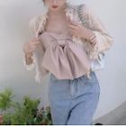 Spaghetti Strap Bow Accent Chiffon Crop Top / Collarless Button-up Tassel Tweed Jacket