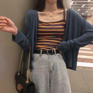 Striped Camisole Top / V-neck Plain Cardigan