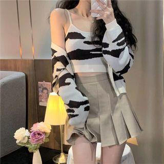 Zebra Print Cropped Knit Camisole Top / Cardigan / Mini Pleated Skirt