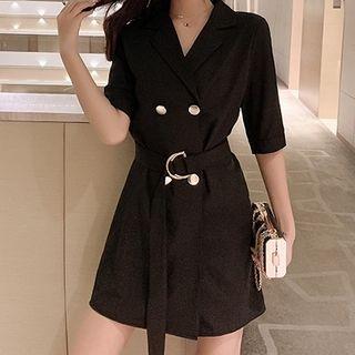 Elbow-sleeve Double-breasted Mini A-line Blazer Dress